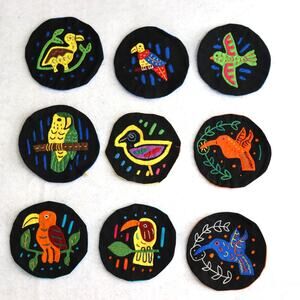 Set of 9 Vintage Kuna Mola Patches Hand Stitched 3.5" Round